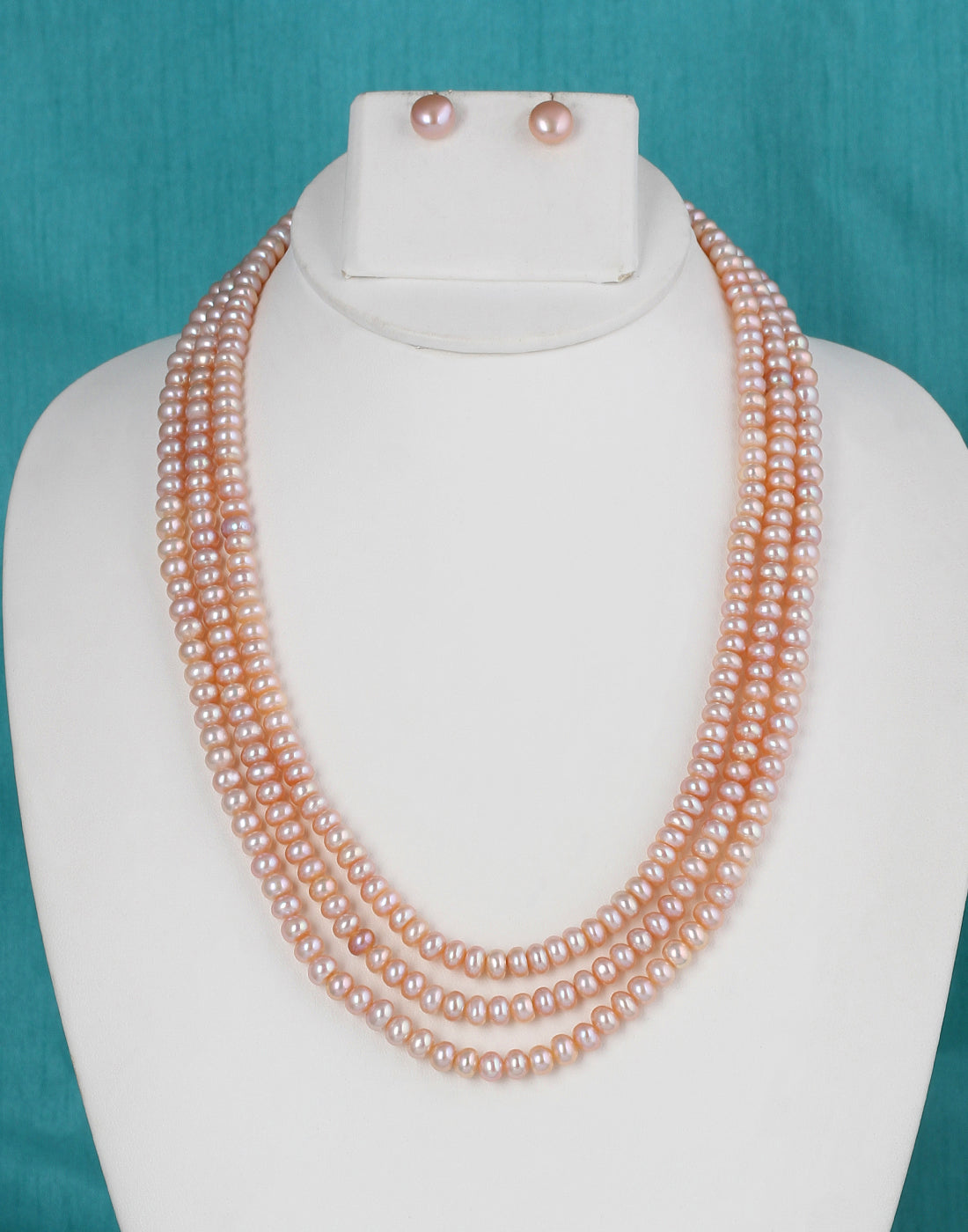 Real Natural Fresh Water Triple Line Plain Peech Colour Pearls Mala Set 5 MM With Certificate(D.No NPS230)