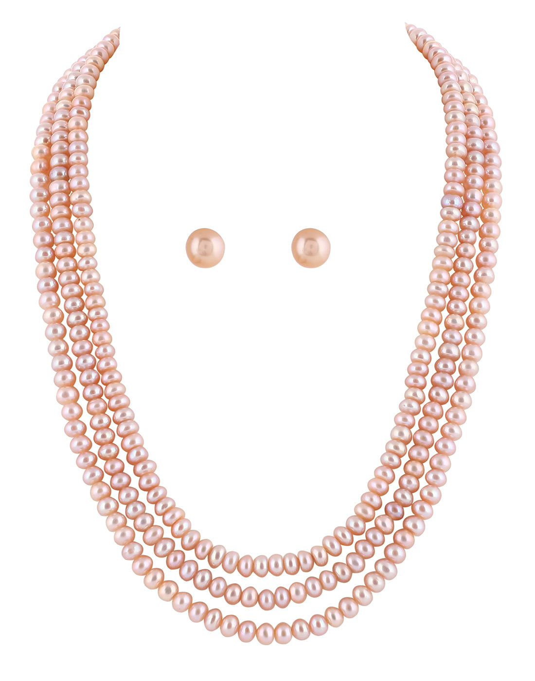 Real Natural Fresh Water Triple Line Plain Peech Colour Pearls Mala Set 5 MM With Certificate(D.No NPS230)