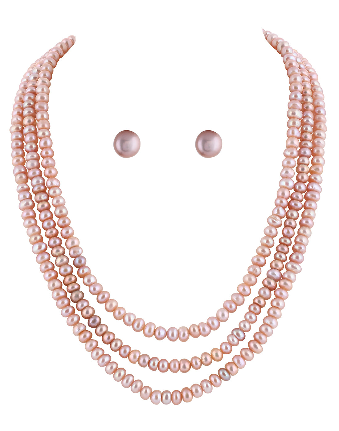 Real Natural Fresh Water Triple Line Plain Rose Gold Colour Pearls Mala Set 5 MM With Certificate(D.No NPS233)