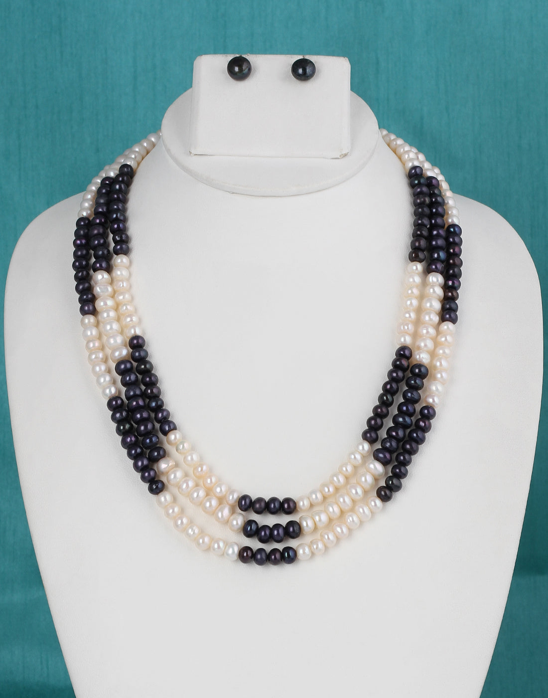 Real Natural Fresh Water Triple Line Plain Black N White Colour Pearls Mala Set 5 MM With Certificate(D.No NPS238)
