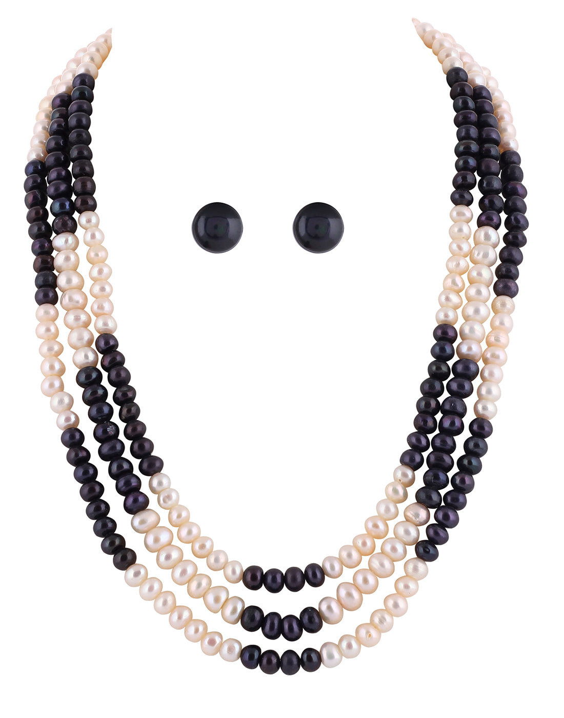 Real Natural Fresh Water Triple Line Plain Black N White Colour Pearls Mala Set 5 MM With Certificate(D.No NPS238)