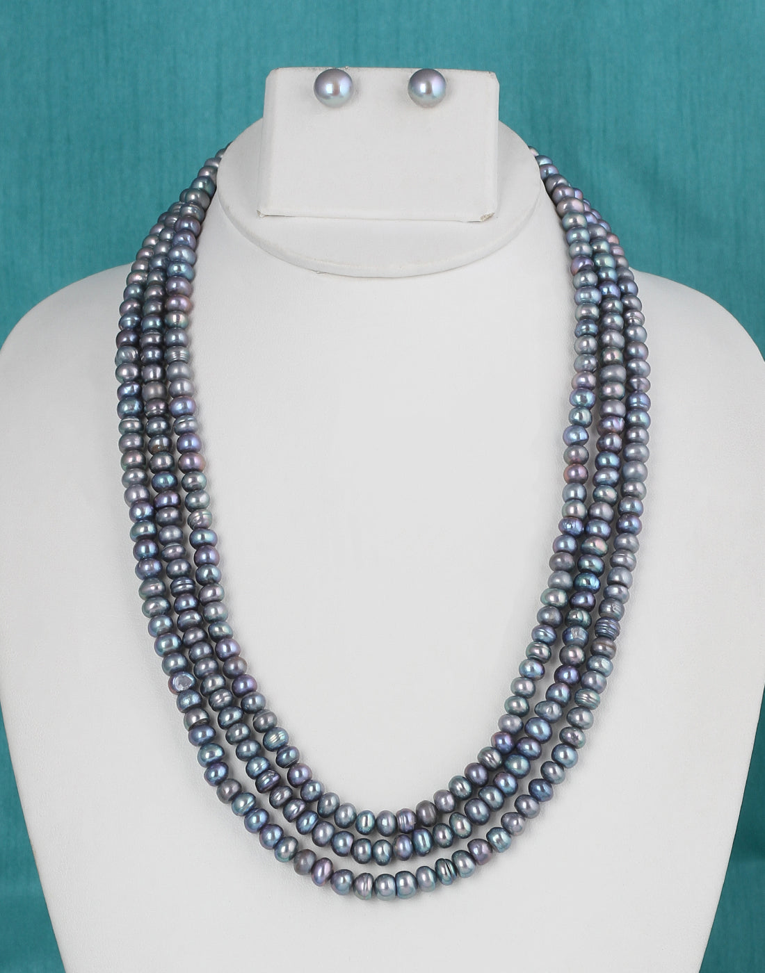 Real Natural Fresh Water Triple Line Plain Grey peacock Shaded Colour Pearls Mala Set 5 MM With Certificate(D.No NPS243)