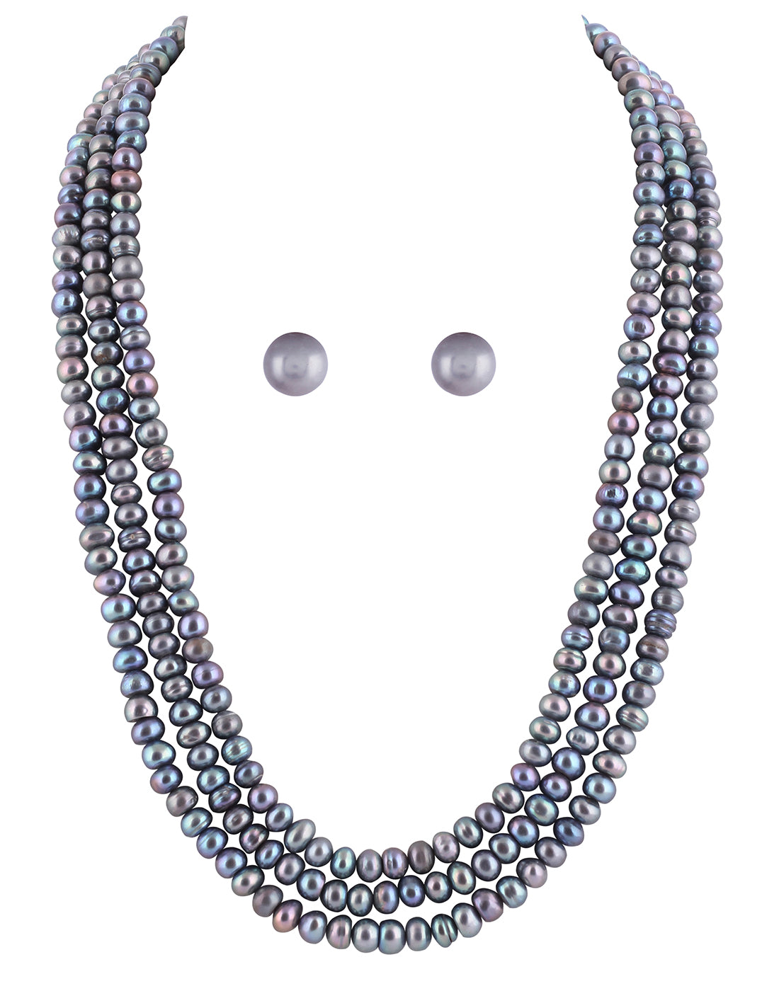 Real Natural Fresh Water Triple Line Plain Grey peacock Shaded Colour Pearls Mala Set 5 MM With Certificate(D.No NPS243)
