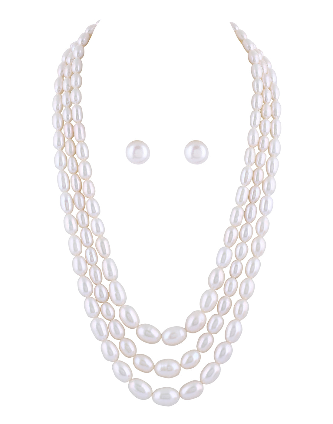 Real Natural Fresh Water Triple Line Plain Pearl 5 To 12 MM Graduation Mala Set With Certificate(D.No NPS264)