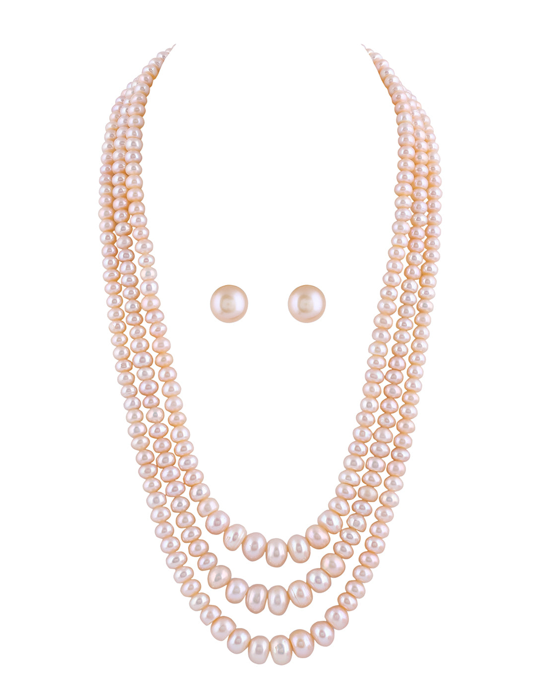 Real Natural Fresh Water Triple Line Plain Pearl 5 To 12 MM Graduation Mala Set With Certificate(D.No NPS267)
