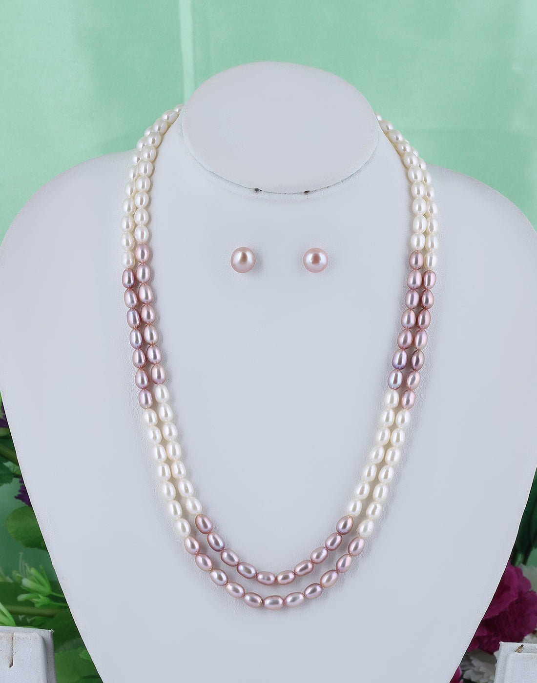 Real Natural Fresh Water Double Line Plain Oval Shaped Pearls Mala Set 5 MM With Certificate(D.No NPS272)