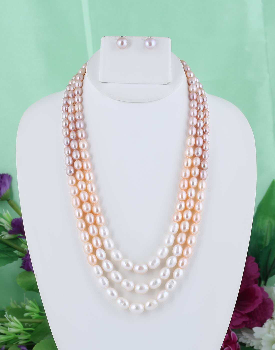 Real Natural Fresh Water Triple Line Shaded 4 To 9 MM Graduation Mala Set With Certificate(D.No NPS288)