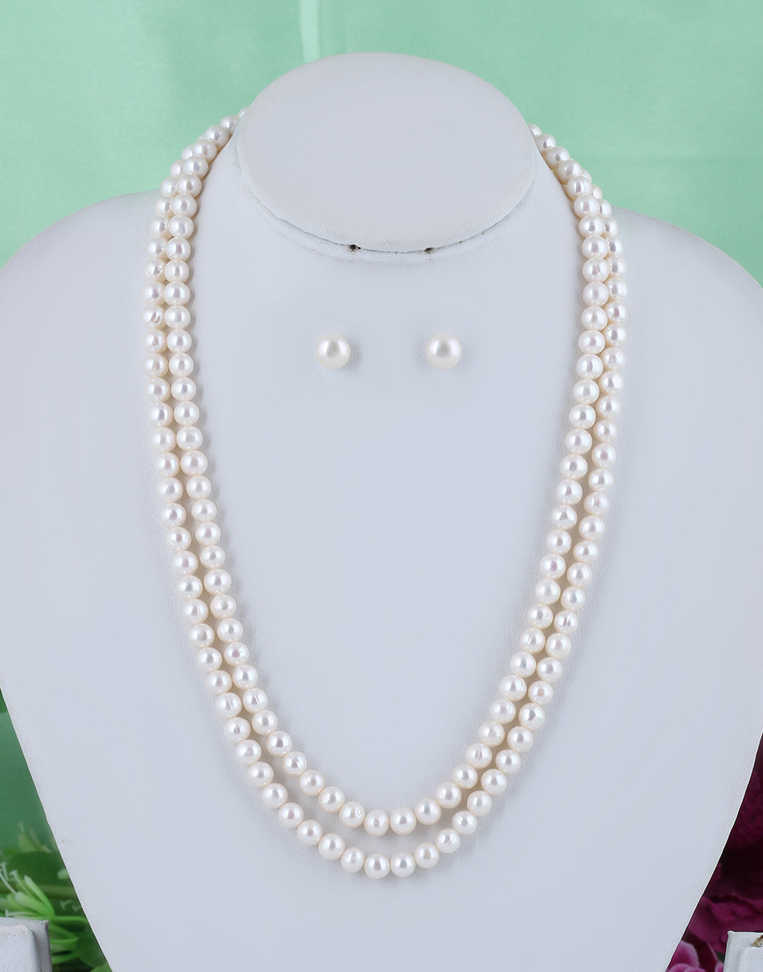 Real Natural Fresh Water Double Line Plain Round Pearls 5 MM Mala Set With Certificate(D.No NPS297)