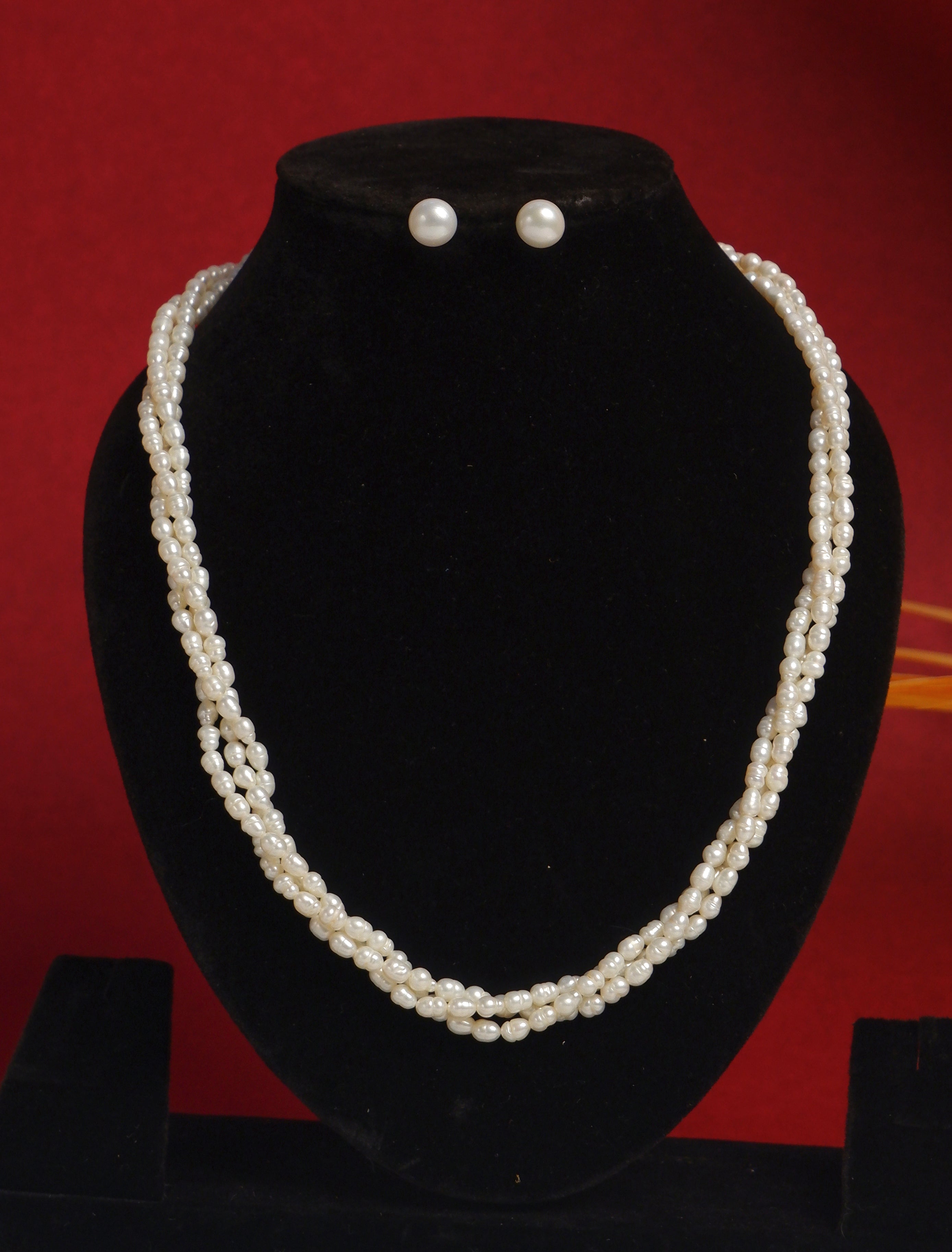 Real Natural Fresh Water 3 Lines Plain Pearl Mala Set With Certificate(D.No NPS299)