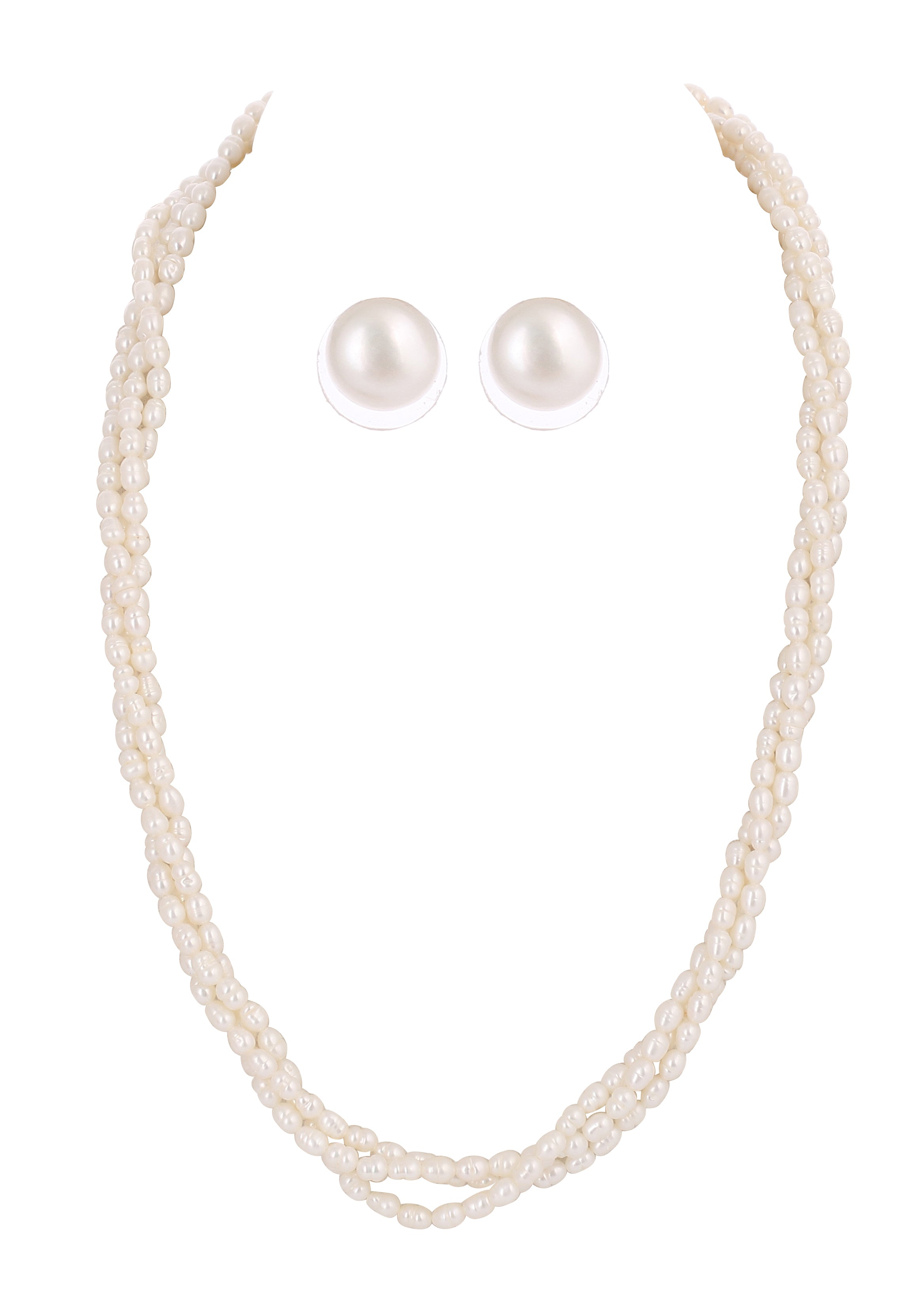 Real Natural Fresh Water 3 Lines Plain Pearl Mala Set With Certificate(D.No NPS299)