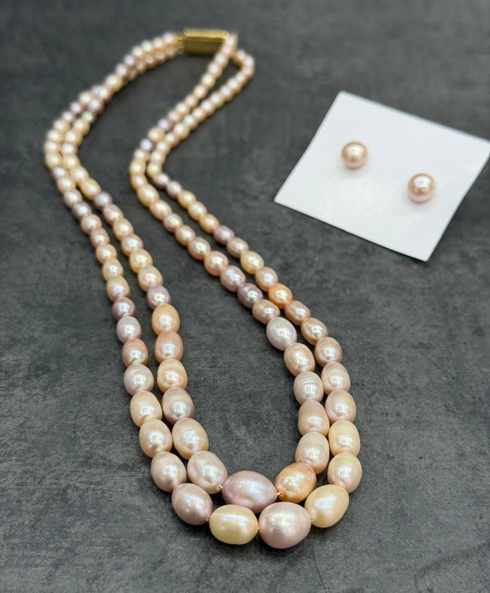 Real Natural Fresh Water Double Line Plain Pearl Mala Set With Certificate(D.No NPS312)
