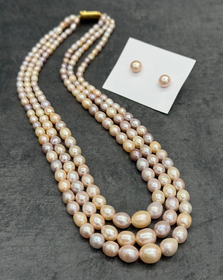 Real Natural Fresh Water Triple Line Plain Pearl Mala Set With Certificate(D.No NPS312A)