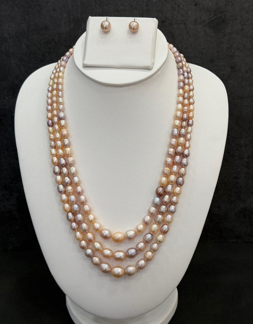 Real Natural Fresh Water Triple Line Plain Pearl Mala Set With Certificate(D.No NPS312A)