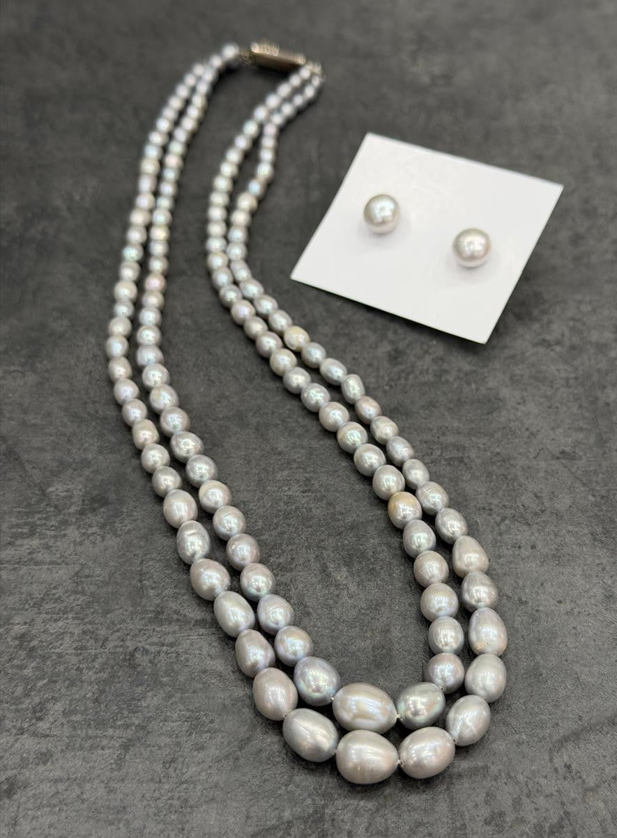 Real Natural Fresh Water Double Line Plain Pearl Mala Set With Certificate(D.No NPS314)