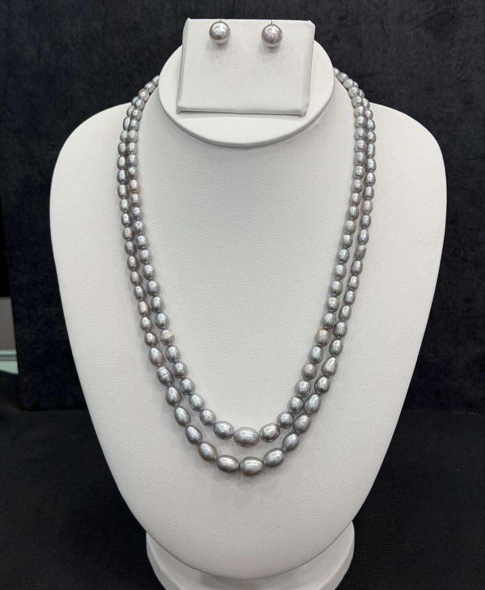 Real Natural Fresh Water Double Line Plain Pearl Mala Set With Certificate(D.No NPS314)