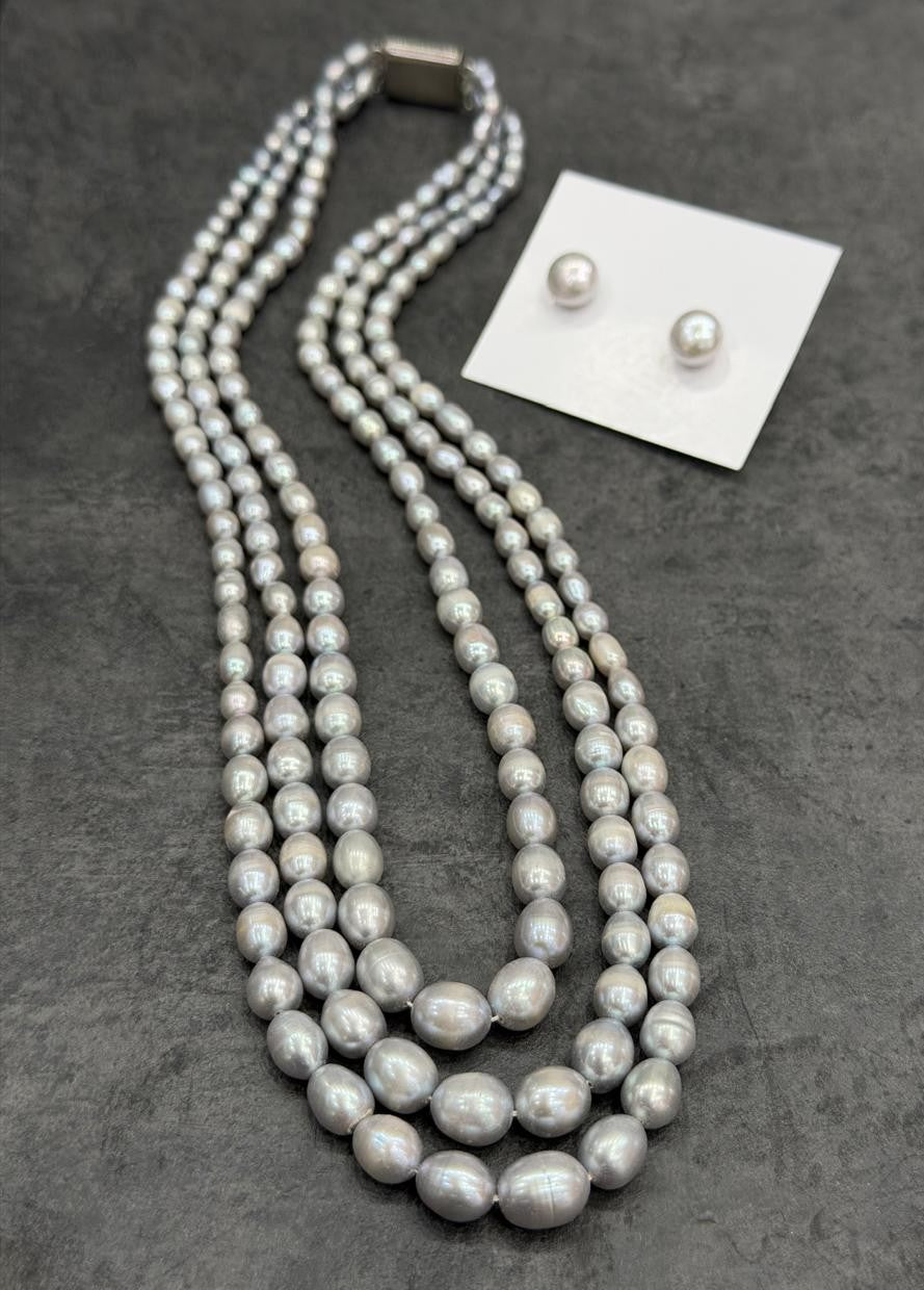 Real Natural Fresh Water Triple Line Plain Pearl Mala Set With Certificate(D.No NPS315)