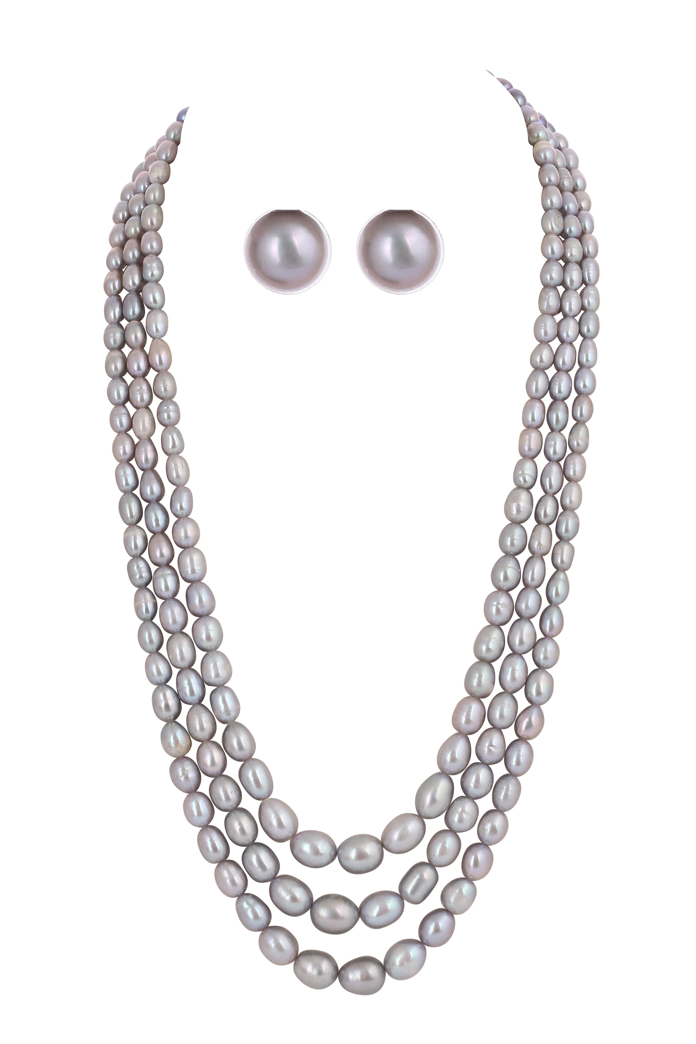Real Natural Fresh Water Triple Line Plain Pearl Mala Set With Certificate(D.No NPS315)