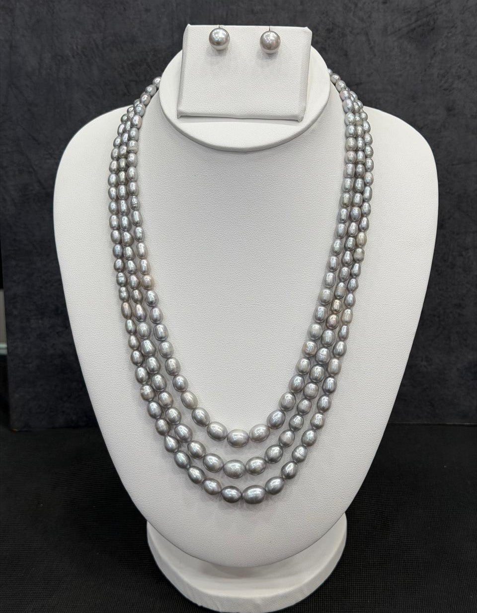Real Natural Fresh Water Triple Line Plain Pearl Mala Set With Certificate(D.No NPS315)