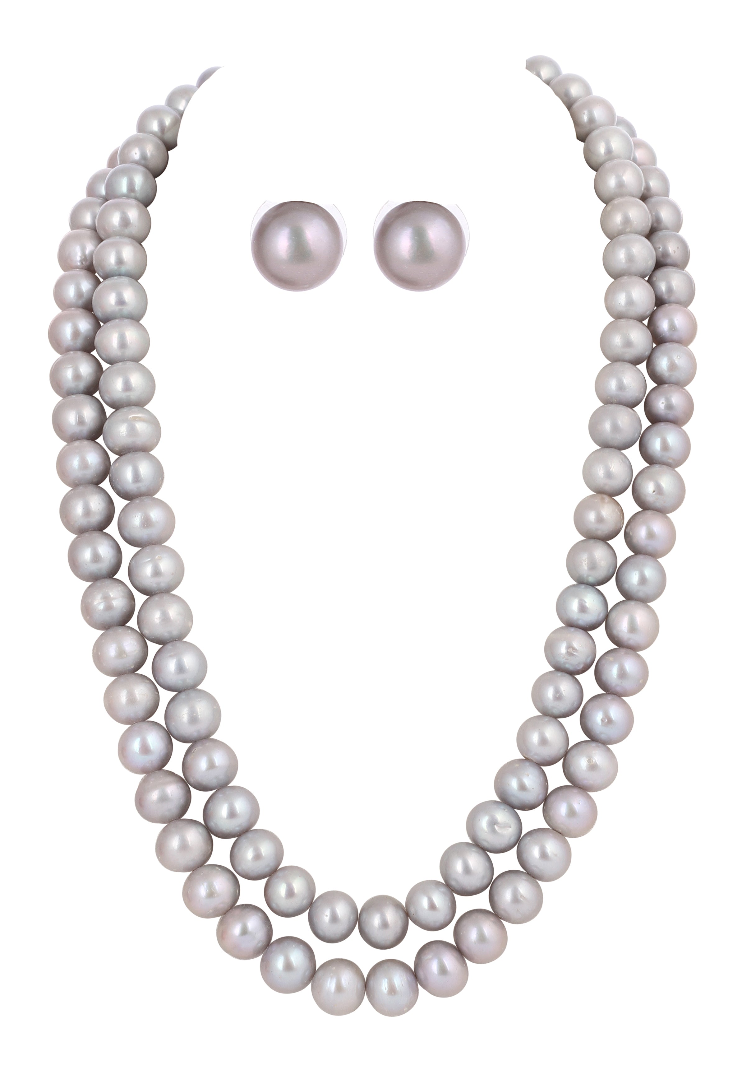 Real Natural Fresh Water Double Line Plain 10 MM Grey Pearl Mala Set With Certificate(D.No NPS325)