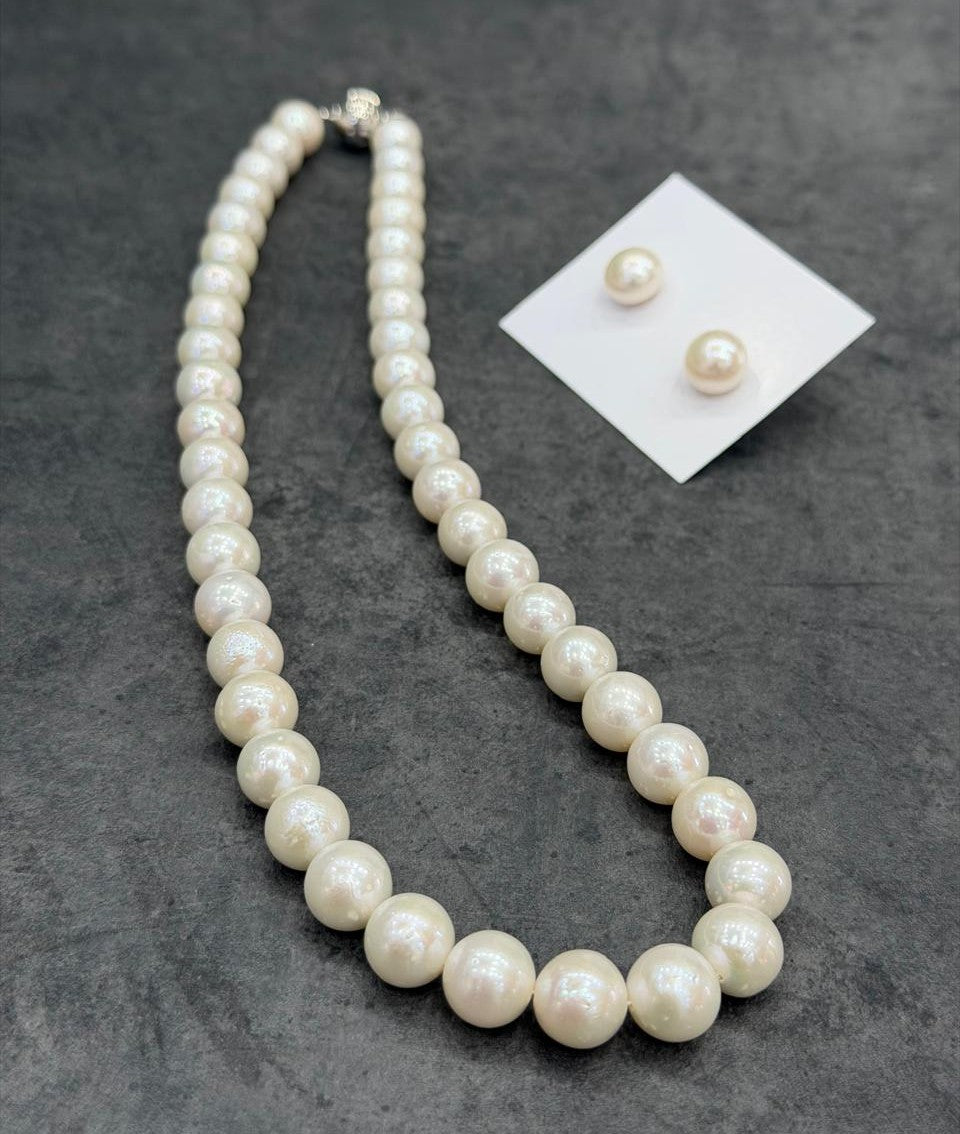 Real Natural Fresh Water Plain 10 MM Round Pearl Mala Set With Certificate(D.No NPS330)