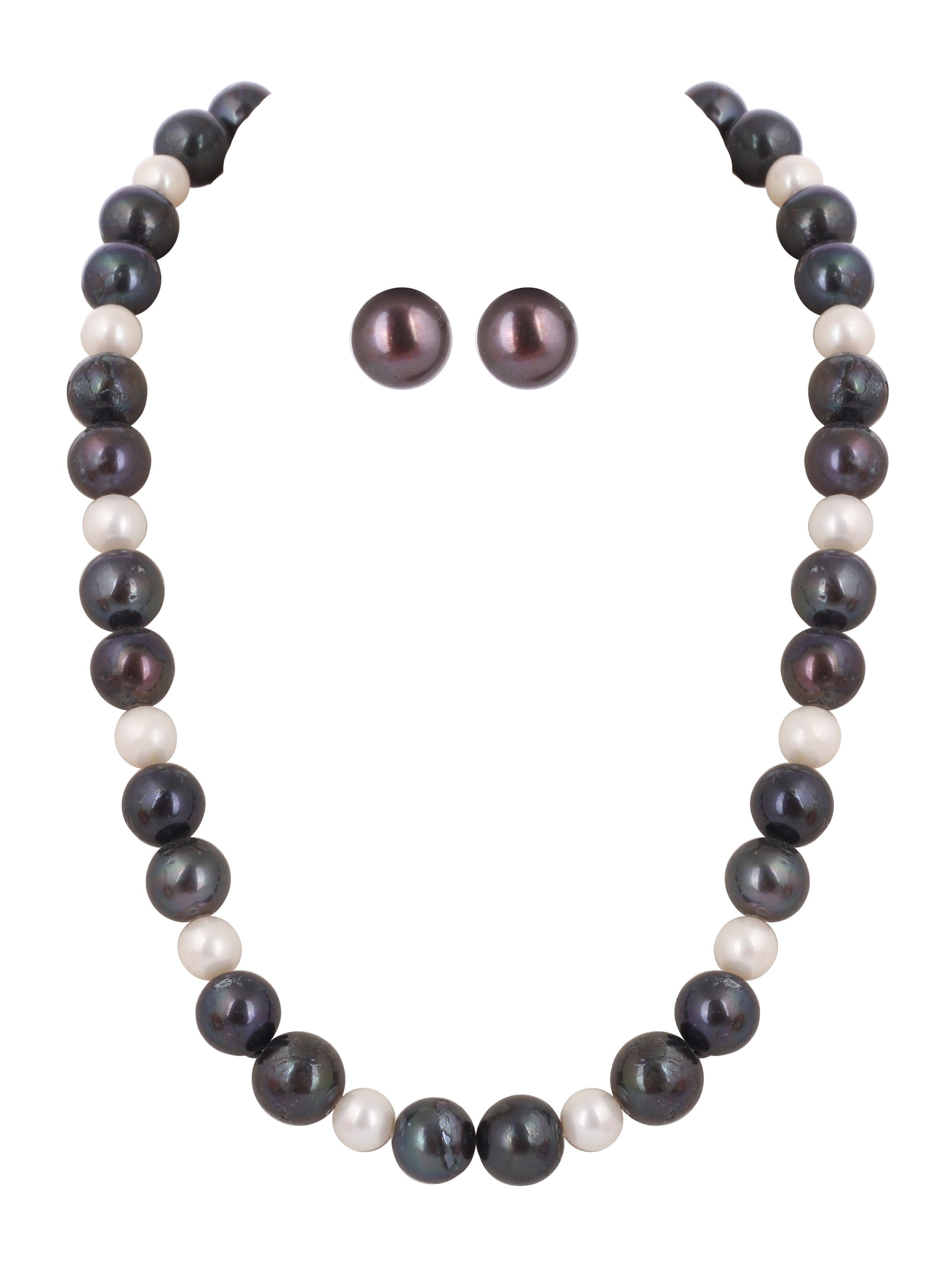 Real Natural Fresh Water Plain Black N White Round Pearl Mala Set With Certificate(D.No NPS335)