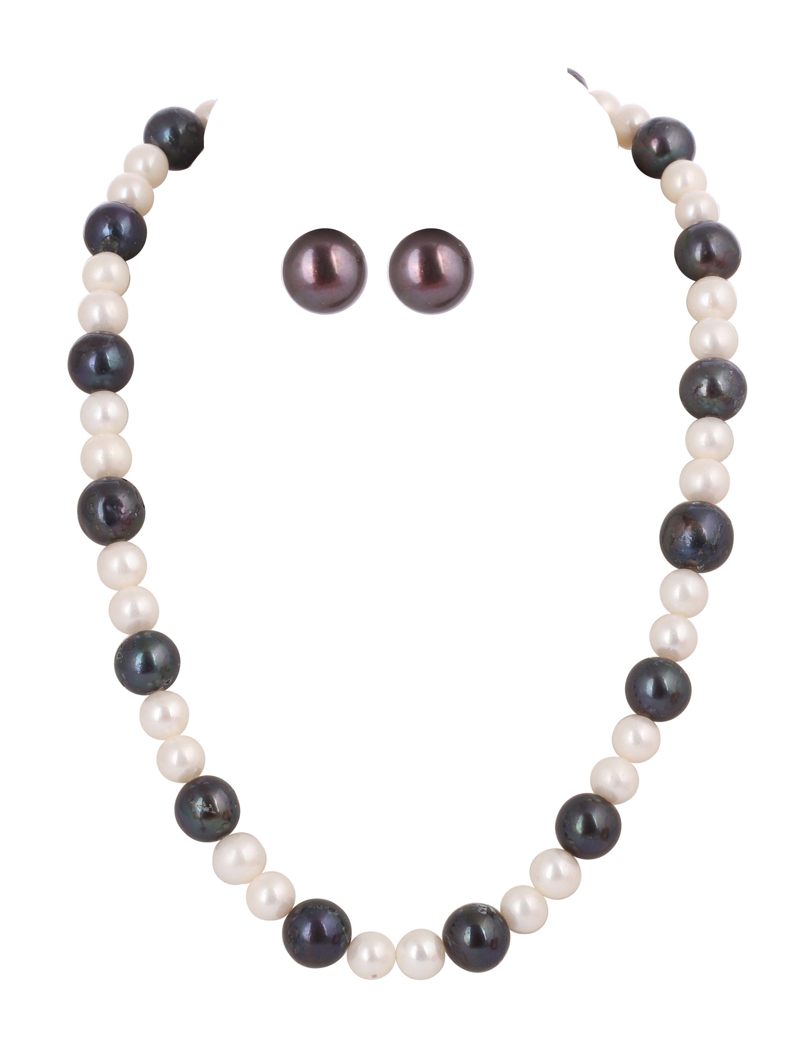 Real Natural Fresh Water Plain Black N White Round Pearl Mala Set With Certificate(D.No NPS337)