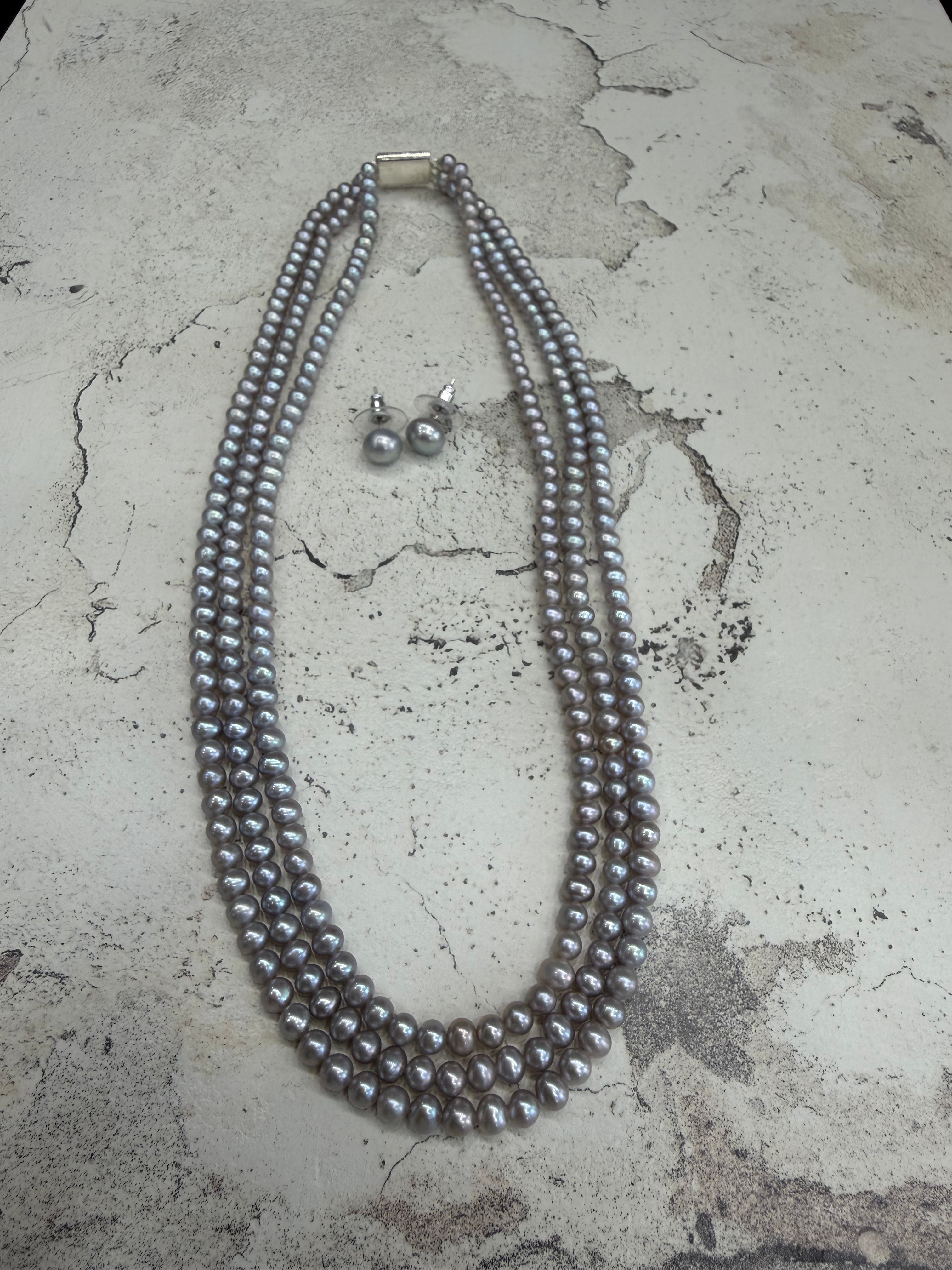 Authentic Real Natural Fresh Water Triple Line Pearls Mala Set 4 MM With Certificate(D.No NPS362)