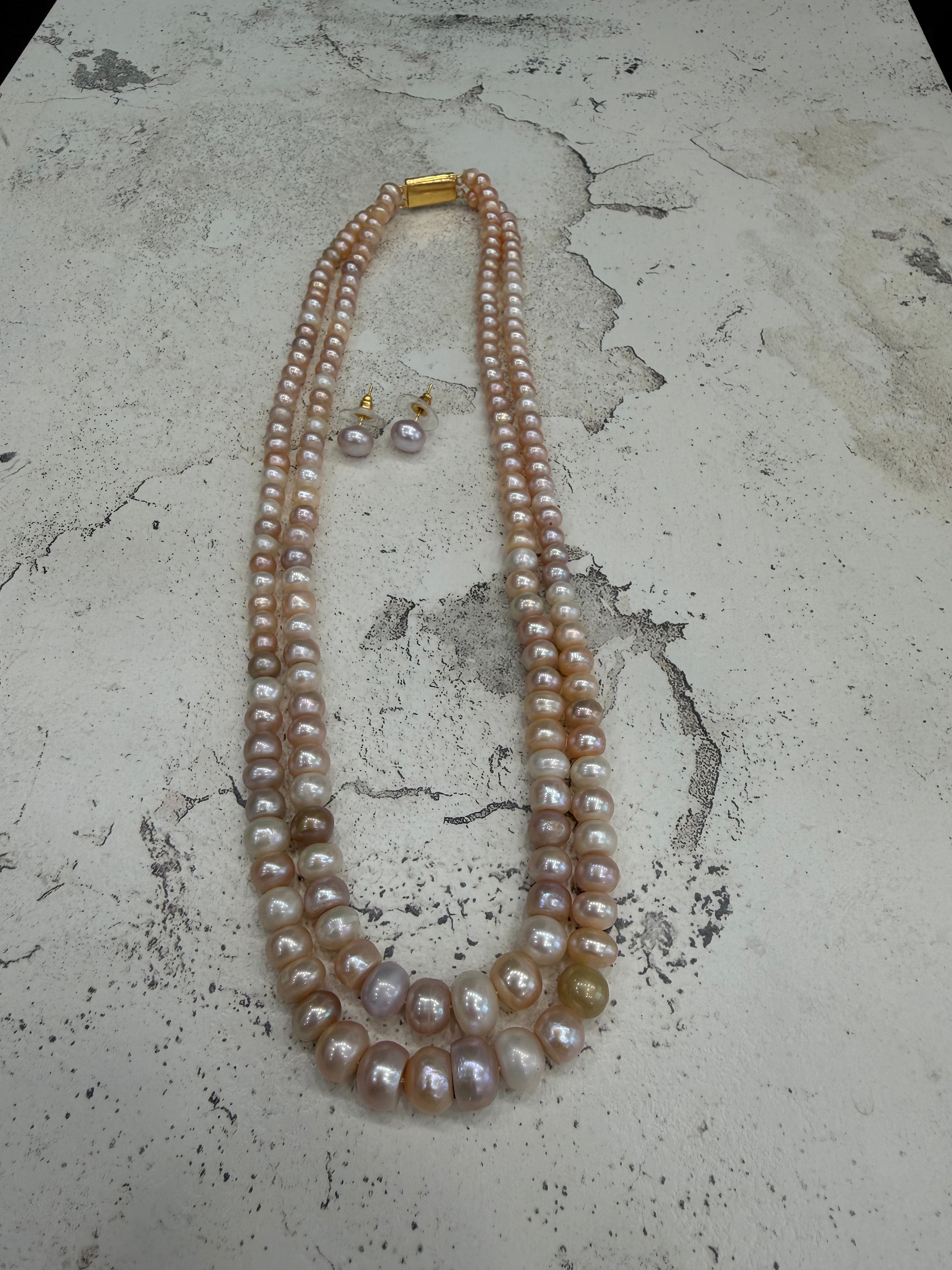 Authentic Real Natural Fresh Water Double Line Pearls Mala Set With Certificate(D.No NPS364)