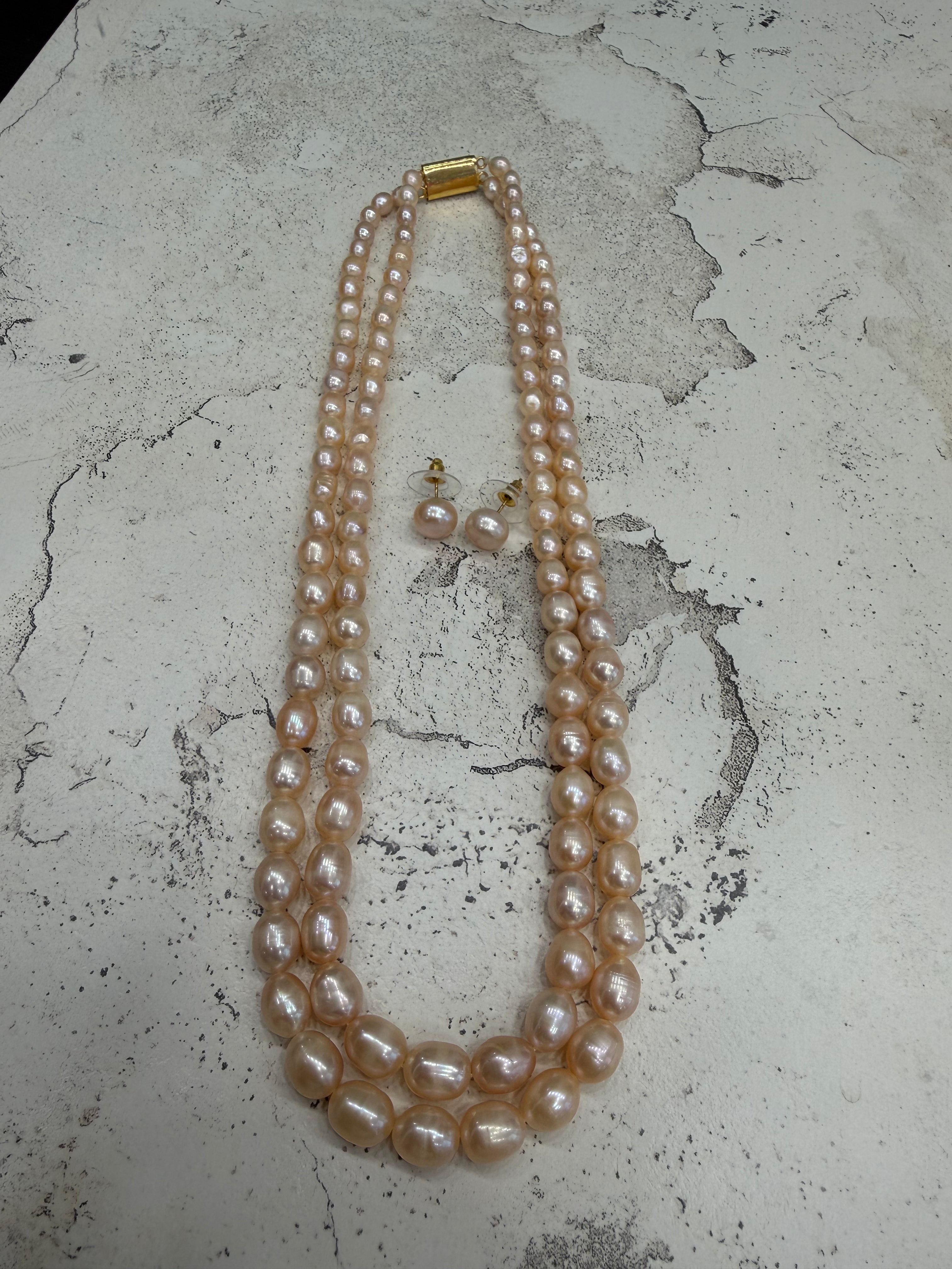 Authentic Real Natural Fresh Water Double Line Graduation Pearls Mala Set With Certificate(D.No NPS369)