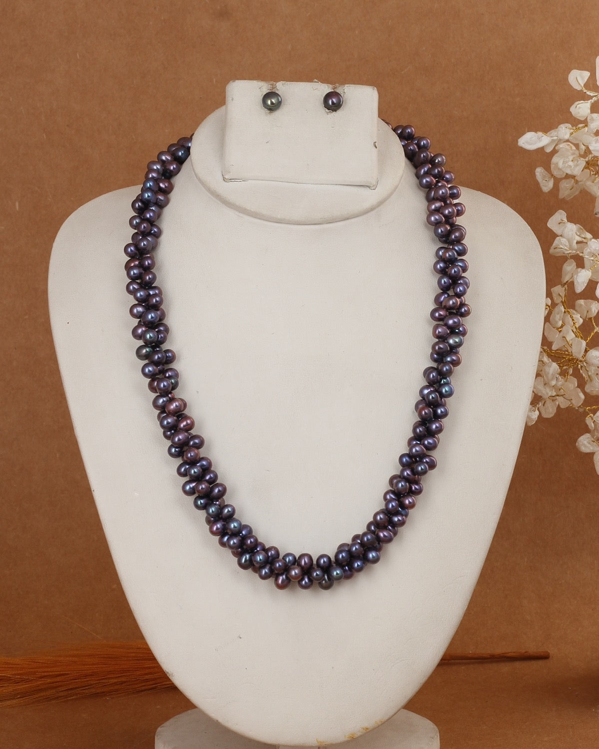 Real Natural Fresh Water Plain Black Pearl Twisted Mala Set With Certificate(D.No NPS375)