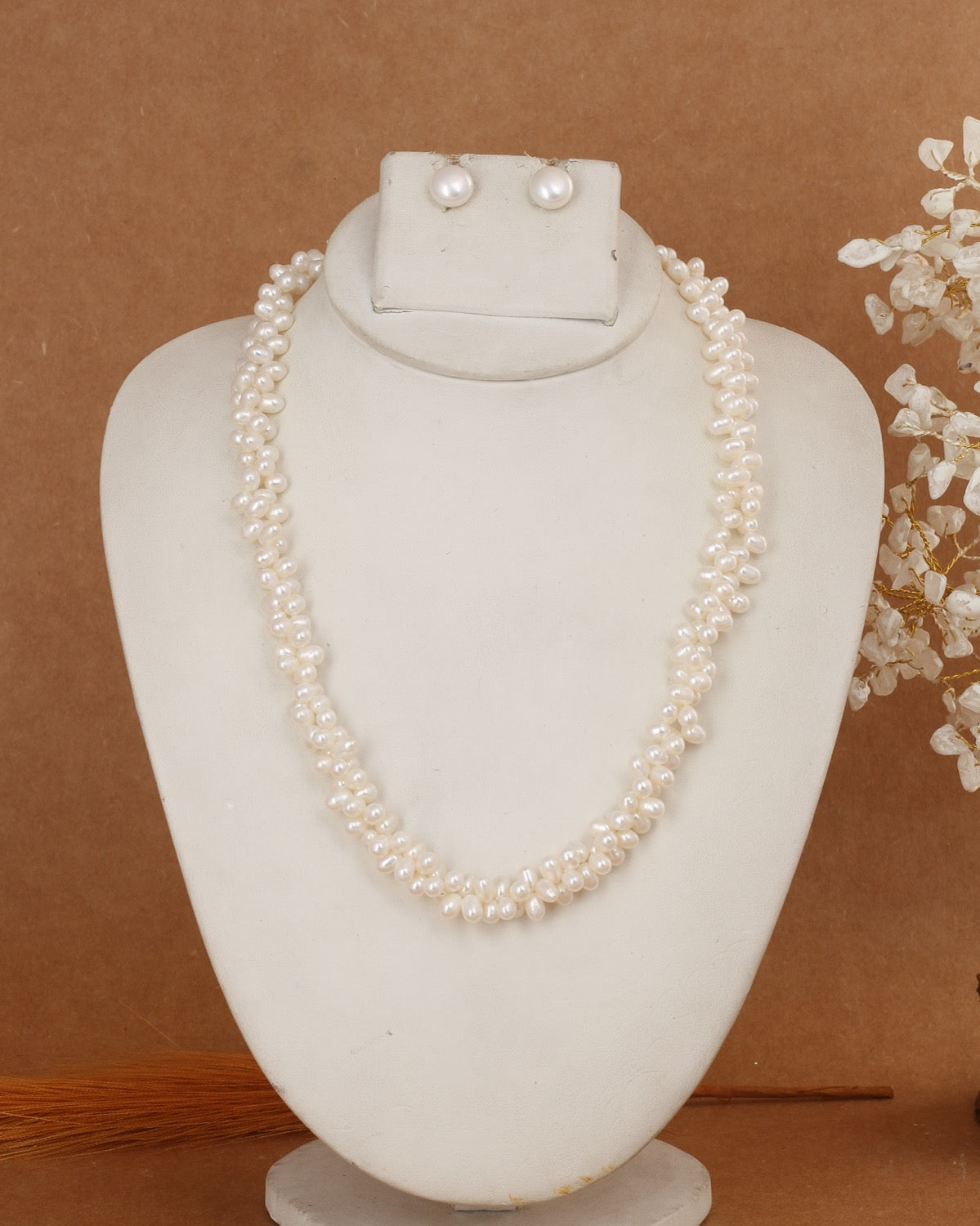 Real Natural Fresh Water White Pearl Twisted Mala Set With Certificate(D.No NPS377)