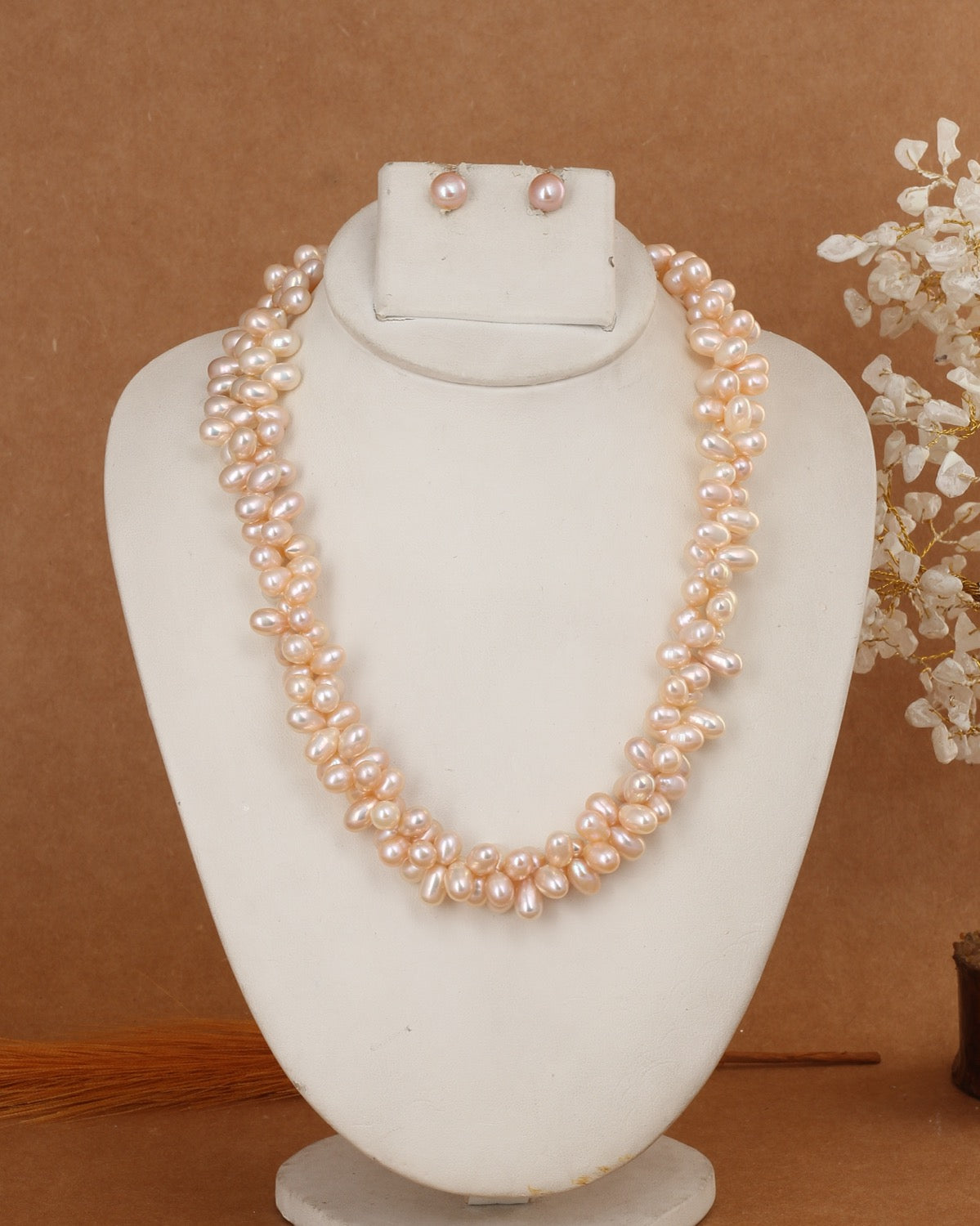 Real Natural Fresh Water Pink Peech Pearl Twisted Mala Set With Certificate(D.No NPS378)