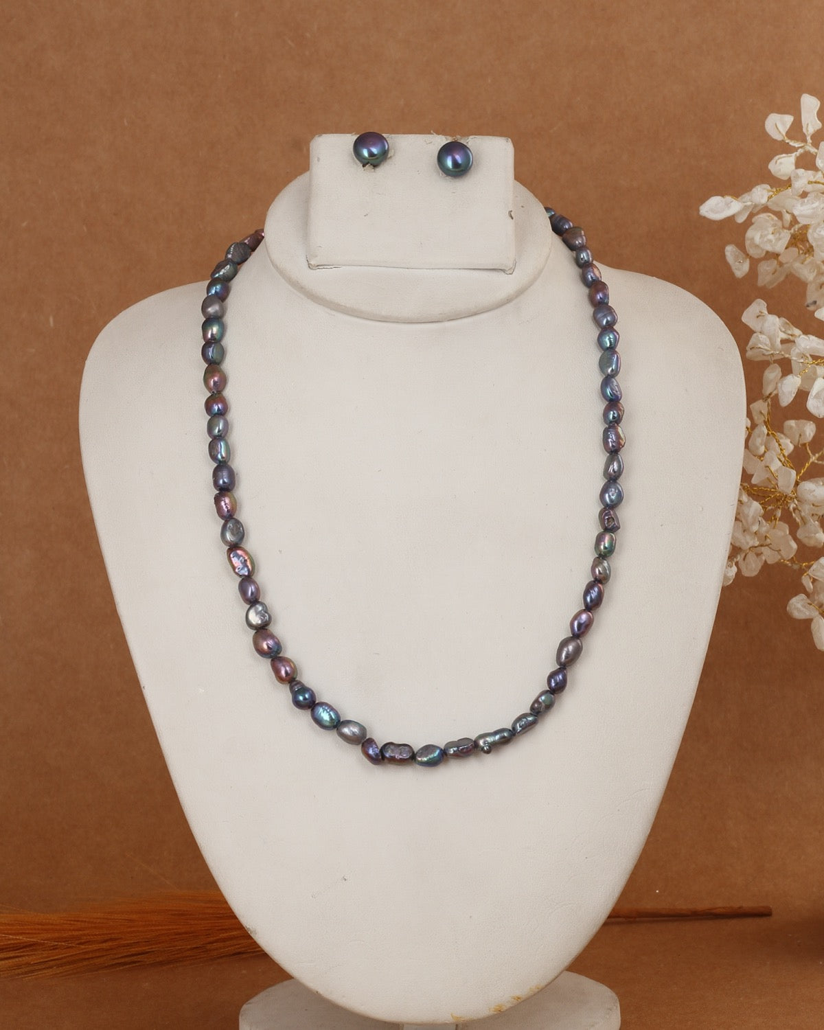 Real Natural Fresh Water Black barook Pearls Set With Certificate(D.No NPS379)
