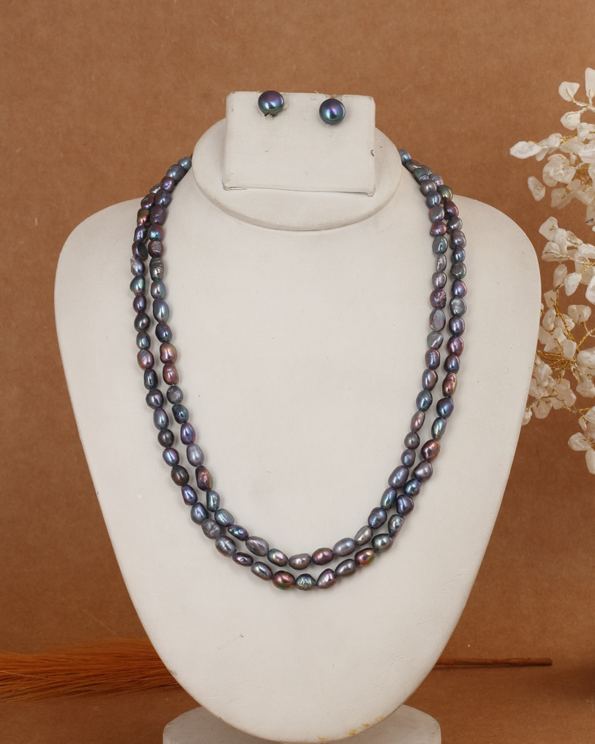 Real Natural Fresh Water Black barook Pearls Set With Certificate(D.No NPS380)