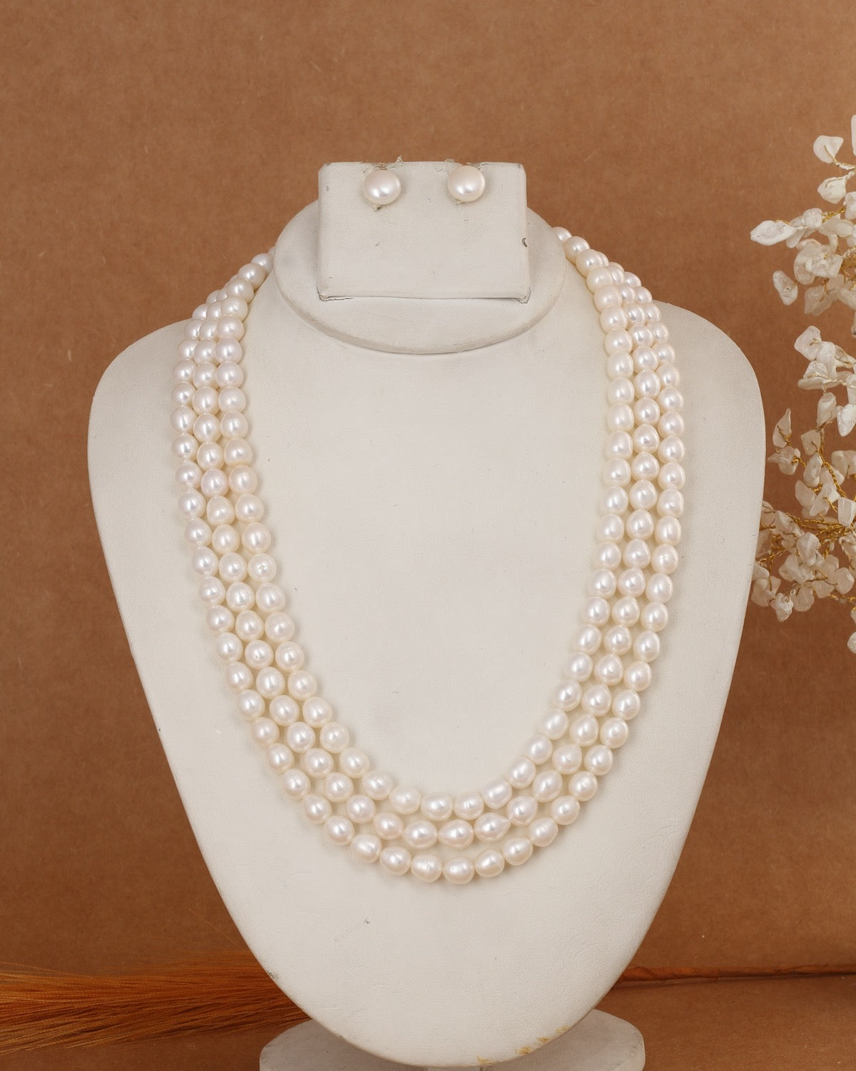 Real Natural Fresh Water 6 to 7 MM Oval Shape Pearls Mala Set With Certificate(Triple String)(D.No NPS393)
