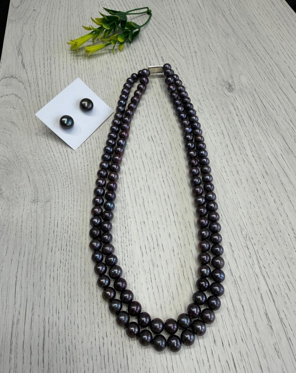 Real Natural Fresh Water 7 to 8 MM Round Shape Pearls Mala Set With Certificate(Double String)(D.No NPS395)