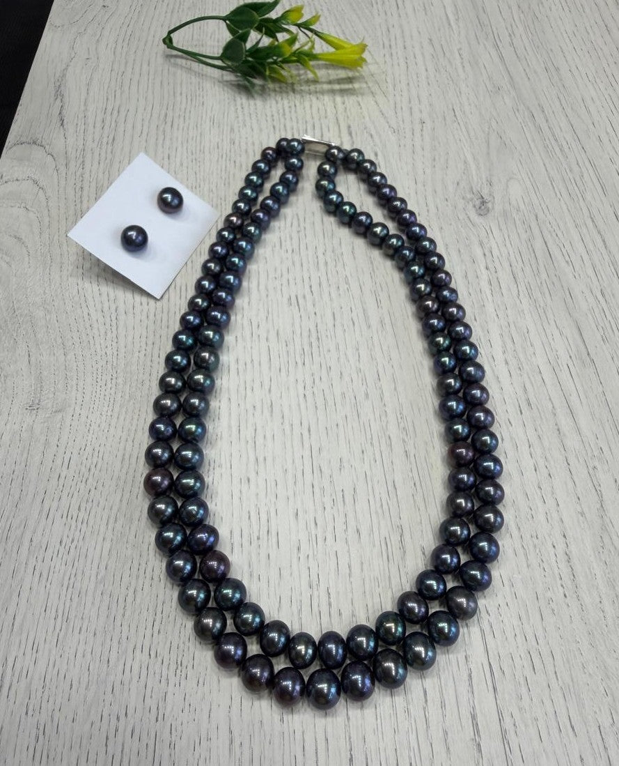 Real Natural Fresh Water 9 to 10 MM Round Shape Pearls Mala Set With Certificate(Double String)(D.No NPS397)