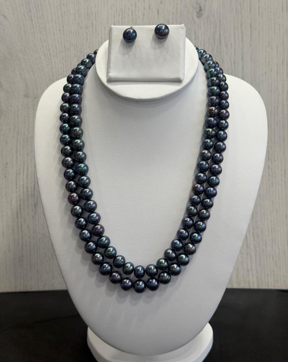 Real Natural Fresh Water 9 to 10 MM Round Shape Pearls Mala Set With Certificate(Double String)(D.No NPS397)