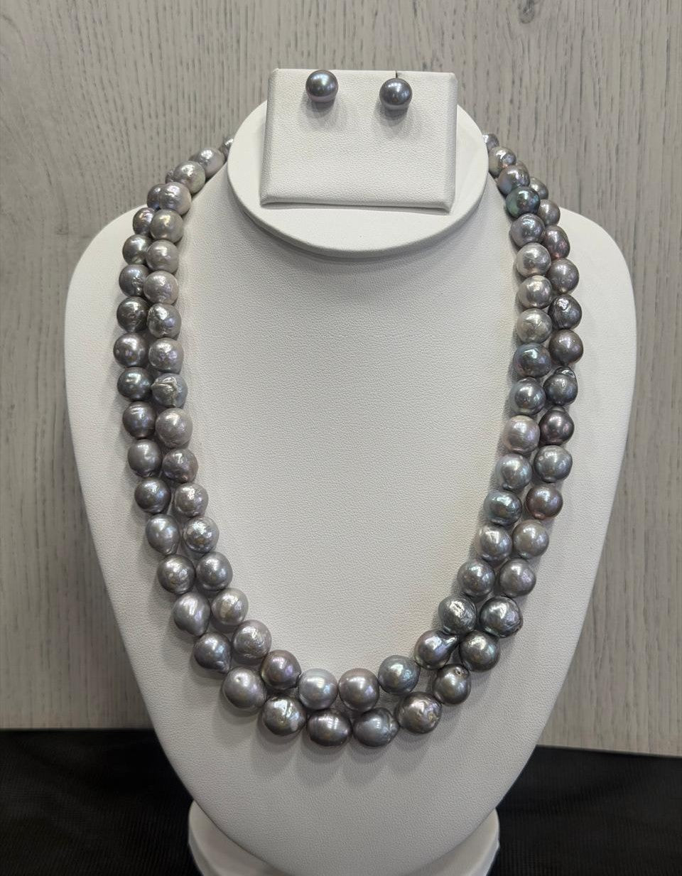 Real Natural Fresh Water 10 to 12 MM Graduation Barook Shape Pearls Mala Set With Certificate(Double String)(D.No NPS399)