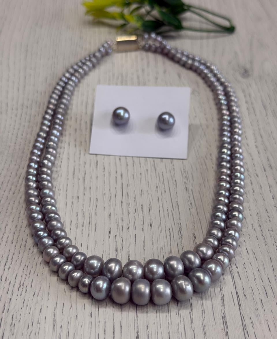 Real Natural Fresh Water 5 to 10 MM Graduation Pearls Mala Set With Certificate(Double String)(D.No NPS401)