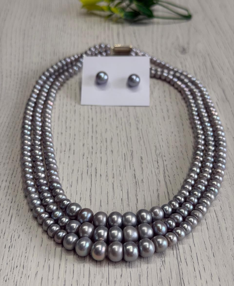Real Natural Fresh Water 5 to 10 MM Graduation Pearls Mala Set With Certificate(Triple String)(D.No NPS402)