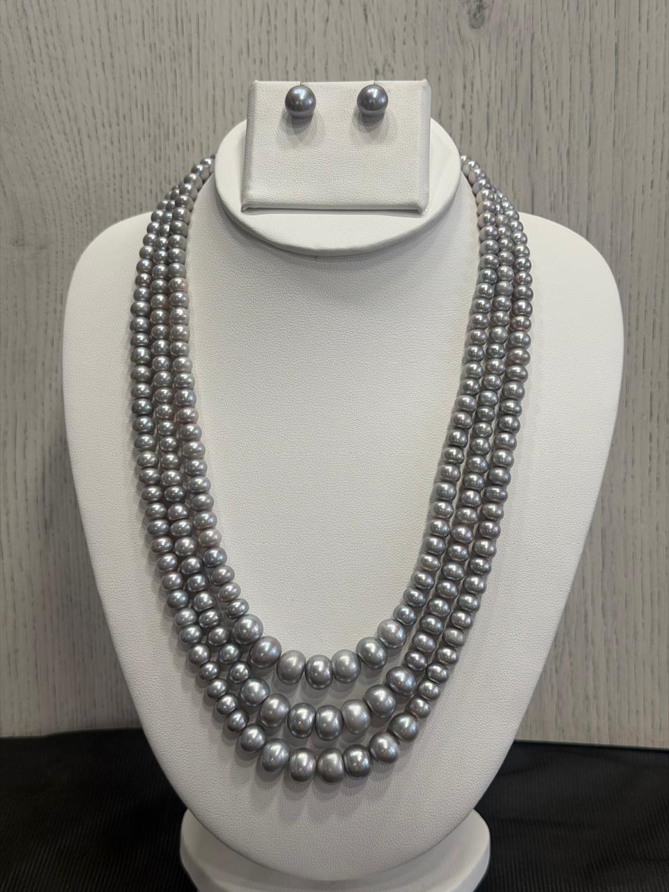 Real Natural Fresh Water 5 to 10 MM Graduation Pearls Mala Set With Certificate(Triple String)(D.No NPS402)