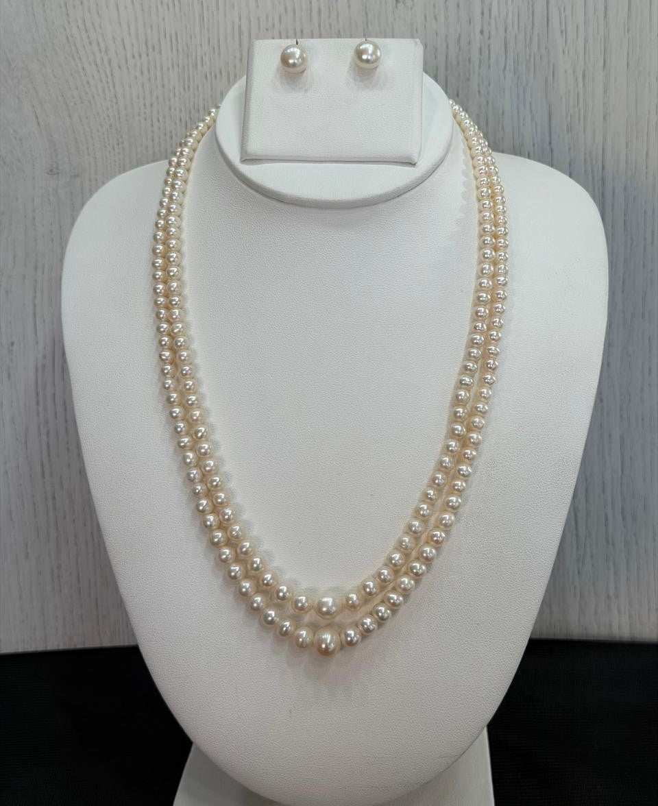 Real Natural Fresh Water 4 to 8 MM Graduation Round Pearls Mala Set With Certificate(Double String)(D.No NPS404)