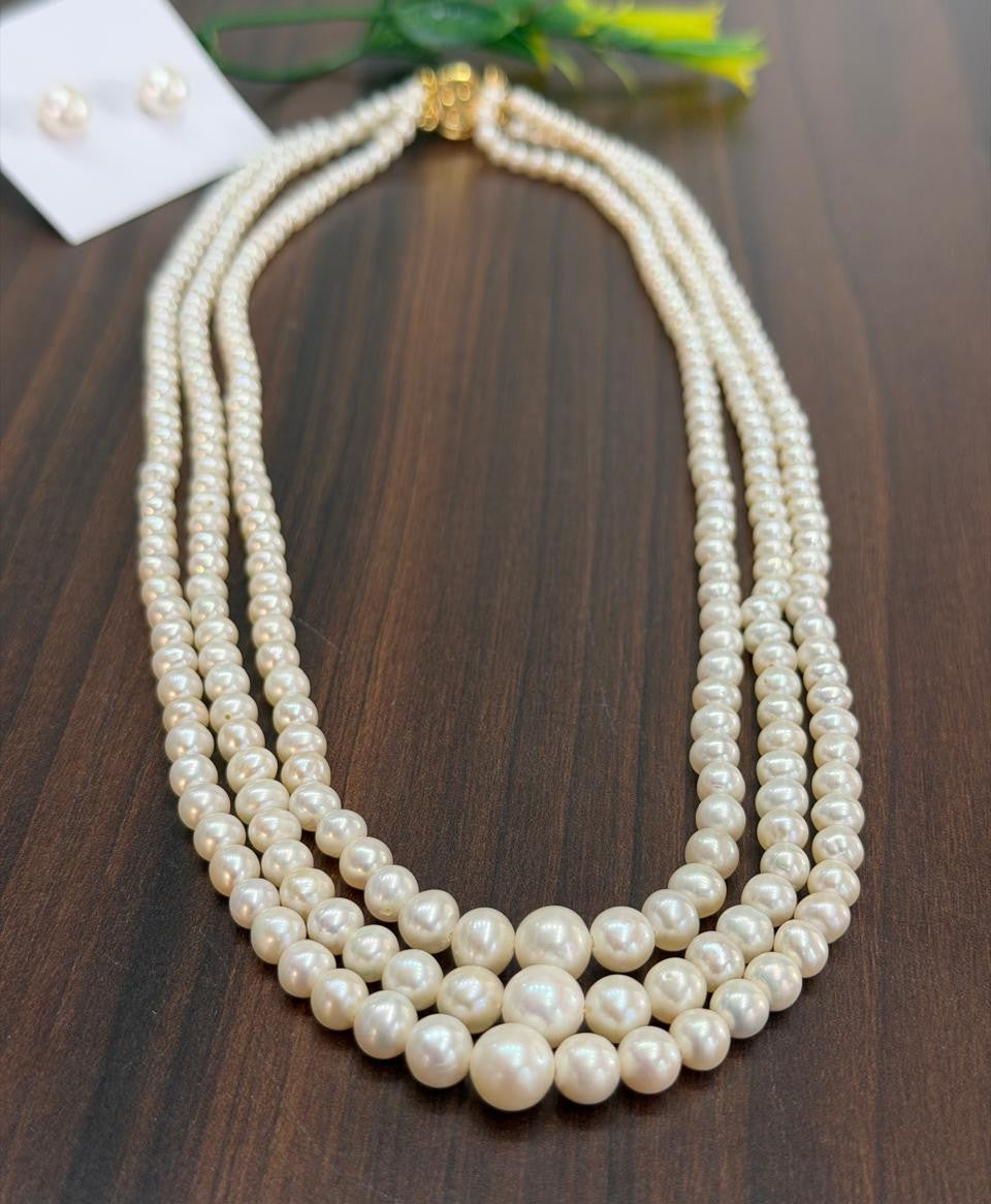 Real Natural Fresh Water 4 to 8 MM Graduation Round Pearls Mala Set With Certificate(Triple String)(D.No NPS405)