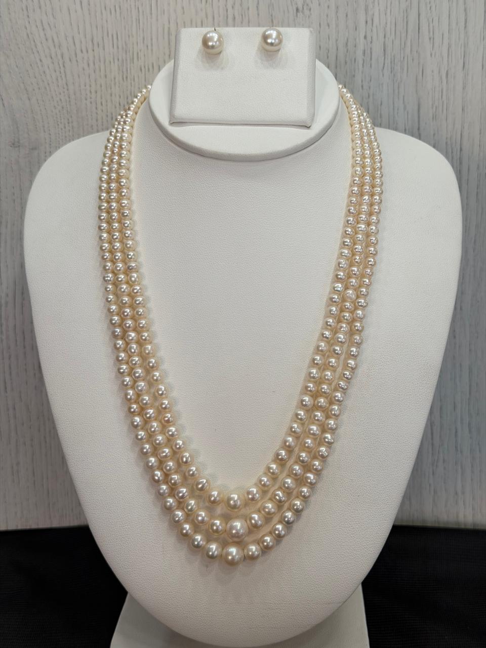 Real Natural Fresh Water 4 to 8 MM Graduation Round Pearls Mala Set With Certificate(Triple String)(D.No NPS405)