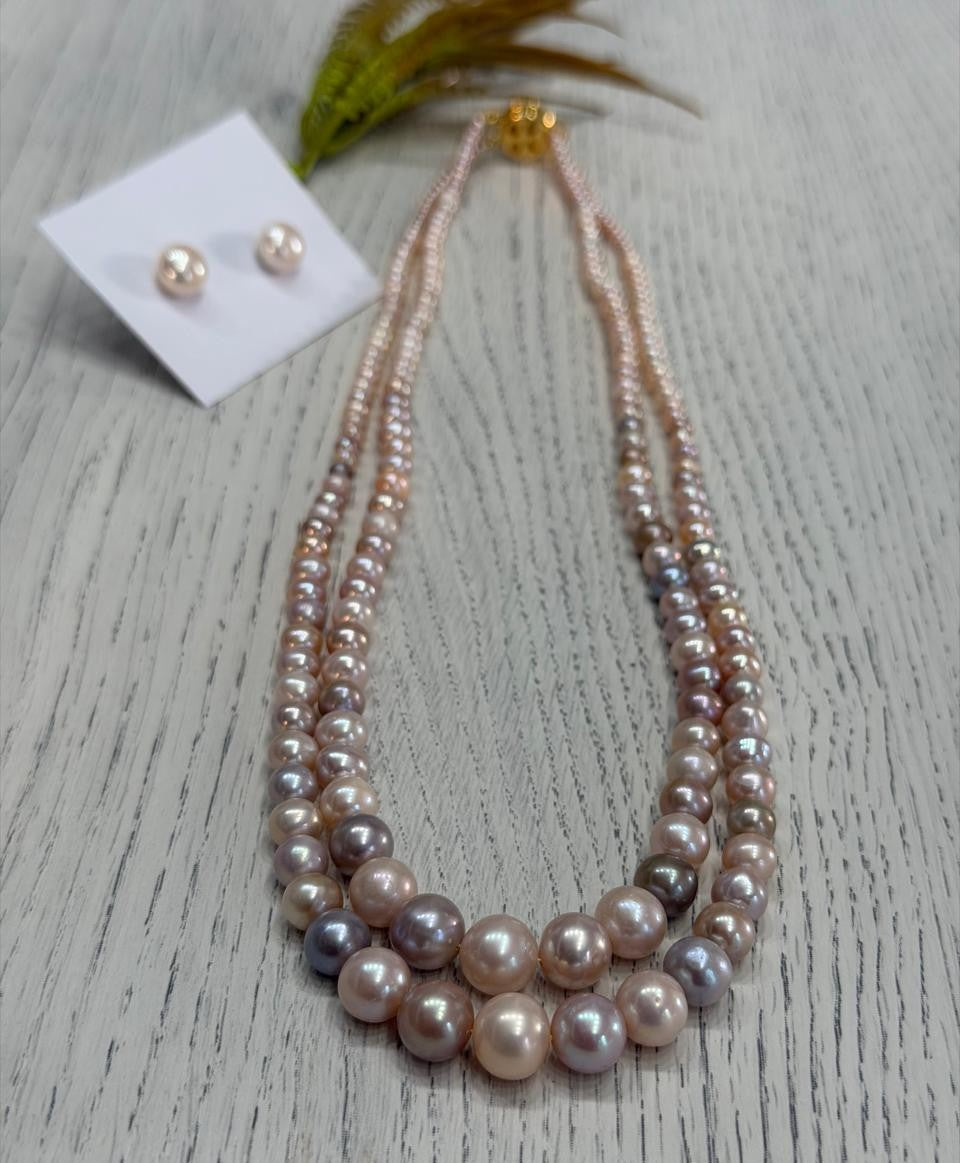 Real Natural Fresh Water 3 to 9 MM Graduation Round Pearls Mala Set With Certificate(Double String)(D.No NPS407)