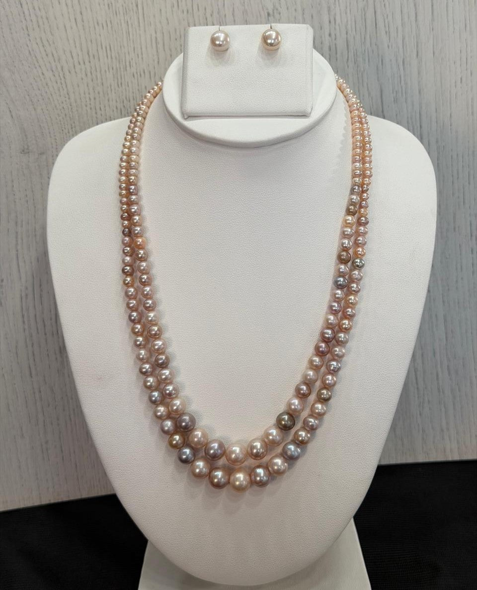Real Natural Fresh Water 3 to 9 MM Graduation Round Pearls Mala Set With Certificate(Double String)(D.No NPS407)