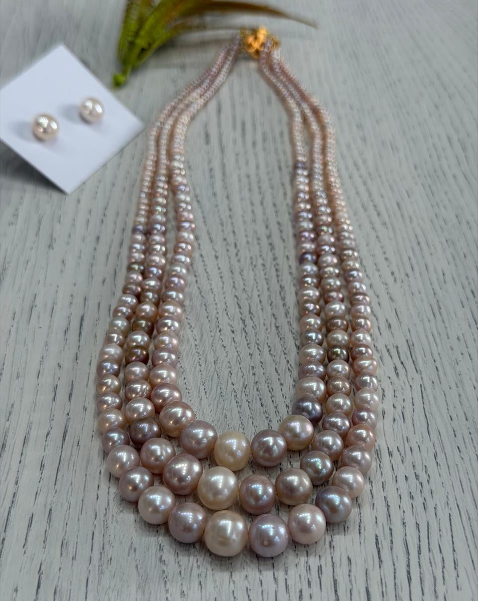 Real Natural Fresh Water 3 to 9 MM Graduation Round Pearls Mala Set With Certificate(Triple String)(D.No NPS408)