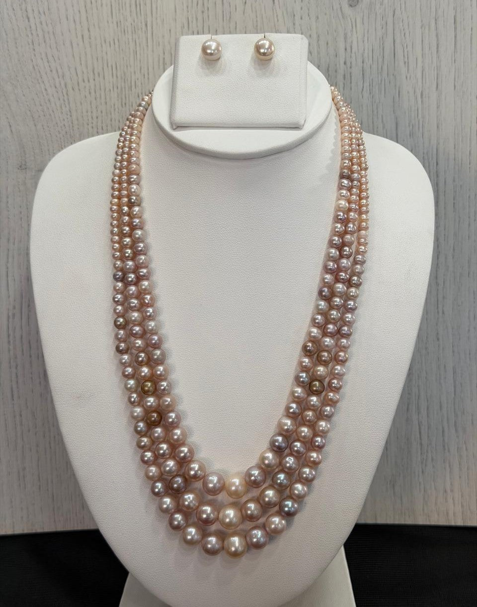Real Natural Fresh Water 3 to 9 MM Graduation Round Pearls Mala Set With Certificate(Triple String)(D.No NPS408)