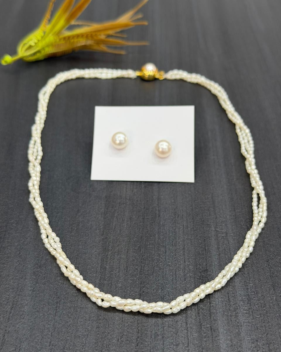 Real Natural Fresh Water 2 MM Rice Pearls Mala Set With Certificate(3 Lines twisted)(D.No NPS409)